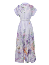 Load image into Gallery viewer, Women's Short Dolman Sleeve Purple Floral Print Midi Dress with Lapel Collar