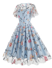 Load image into Gallery viewer, Lake Blue Semi Mesh Rose Embroidered Short Sleeve 50S Swing Dress