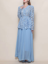 Load image into Gallery viewer, Baby Blue V Neck Long-Sleeve Lace Blouse with Flowy Chiffon Skirt Set