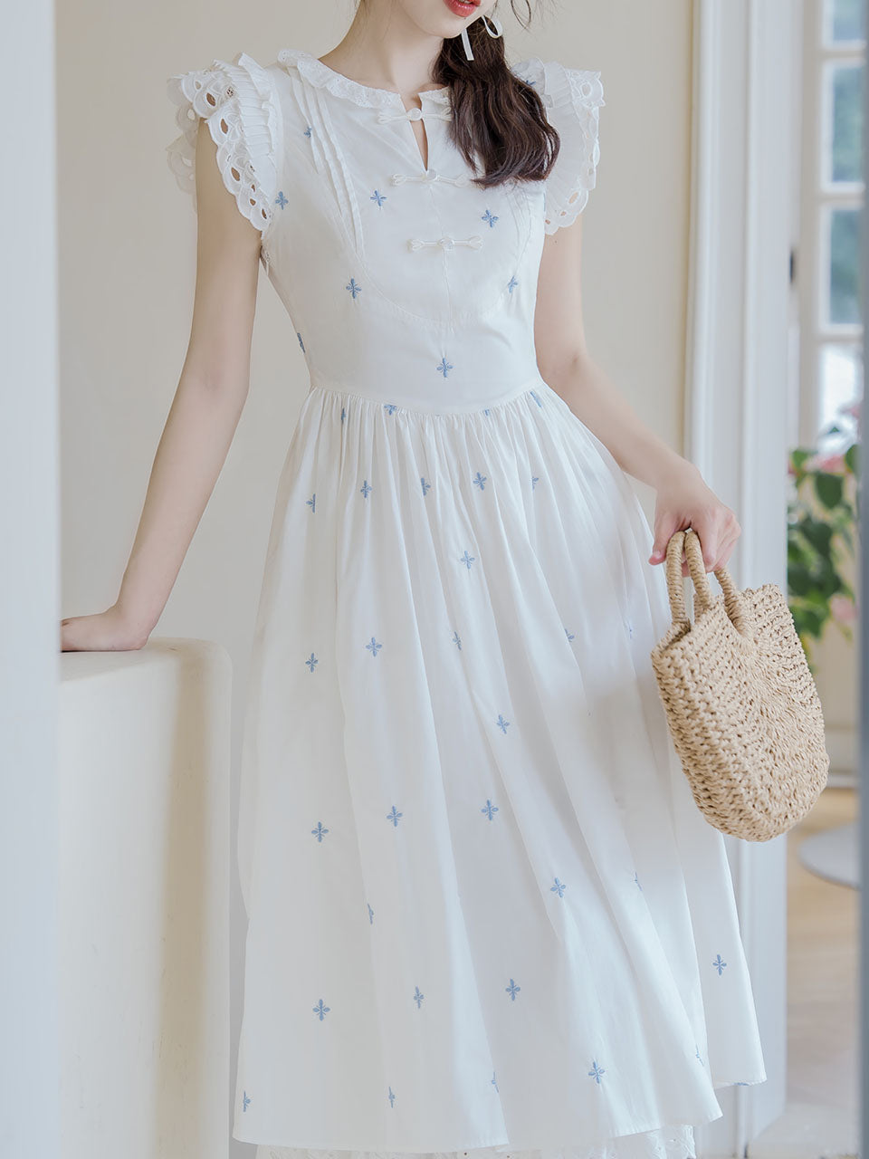 1950S Blue Star Embroidered Lace Angel Wings Dress, White / M 1950S Blue Star Embroidered Lace Angel Wings Dress, White / M