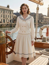 Load image into Gallery viewer, Vintage Sailor Collar Double-Breasted Blouse &amp; Pleated Midi Skirt Two-Piece Set