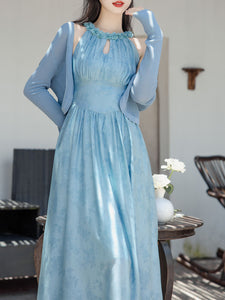 2PS Blue Floral Printed Jacaranda Flower Crew Neck Retro Girdle Dress With Cardigan Suit