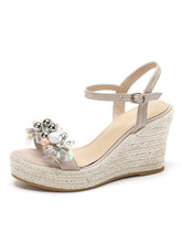 Load image into Gallery viewer, Women&#39;s Open Toe Bow Wedge Heel Rhinestones Sandals Leather Vintage Shoes