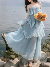 Load image into Gallery viewer, Blue Lace Spaghetti Strap Irregular Tiered Maxi Dress