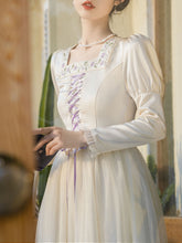 Load image into Gallery viewer, White Square Neck Lavender Embroidered Princess Sleeve Corset Vintage Dress