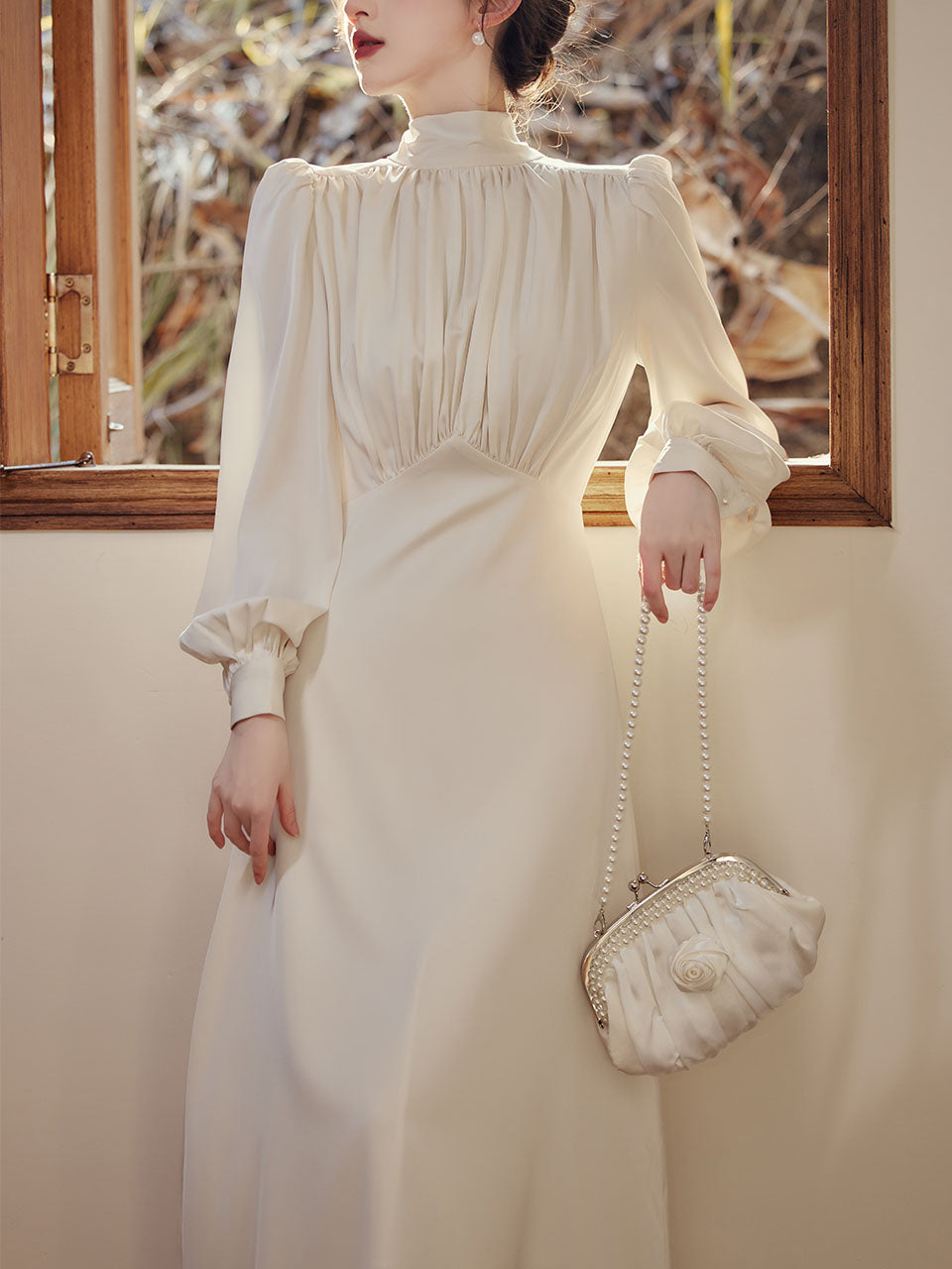 White Satin Pleat Edwardian Revival Vintage Wedding Dress, White / XS