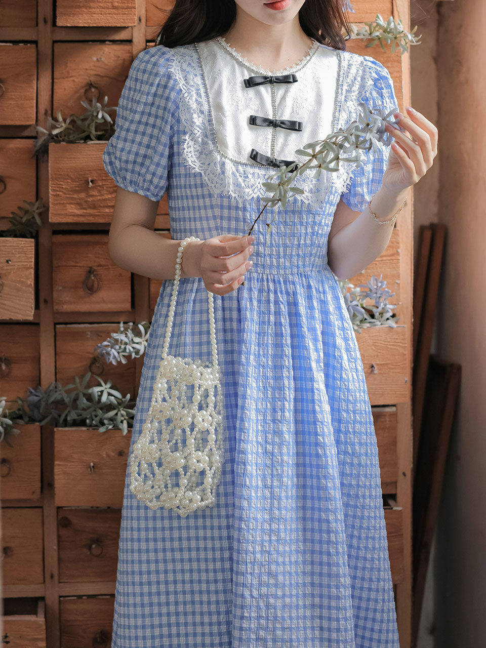 Blue Plaid Bow Lace Collar 1950S Vintage Cottagecore Dress  Jolly Vintage