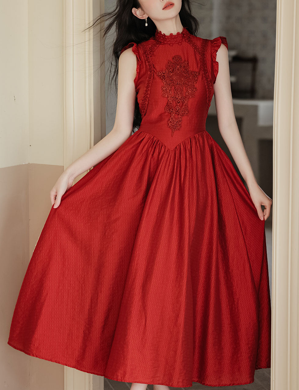 1950S Red Lace Classic Vintage Summer Swing Dress, Red / L 1950S Red Lace Classic Vintage Summer Swing Dress, Red / L