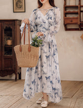 Load image into Gallery viewer, Blue Butterfly Print Long Sleeve Vintage Maxi Dress