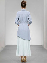 Load image into Gallery viewer, Modern Vintage Asymmetrical Blue Embroidered with Pleated Shirt Dress