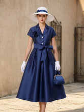 Load image into Gallery viewer, Vintage 1950s Audrey Hepburn Style Navy Satin Lapel Collar Midi Dress