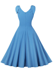Blue Bow Sleeve V Neck 1950S Vintage Swing Dress
