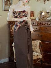 Load image into Gallery viewer, 3PS Brown Floral Tube Top and Slit Skirt 1950s Cardigan Suit