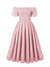 Load image into Gallery viewer, Red Daisy Off The Sleeve Smocking 1950S Vintage Dress