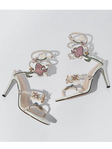 Luxury Strappy Rhinestone Wrap Around Heels Vintage Sandals
