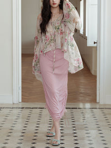 2PS Pink Crush Blouse and High Waist Bodycon Skirt Vintage Dress Outfit