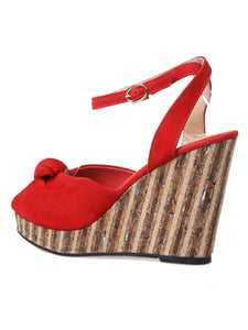 Women's Open Toe Bow Wedge Heel Sandals Leather Vintage Shoes