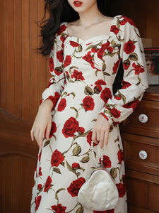 White Sweet Heart Collar Rose Print Long Sleeve Vintage Dress