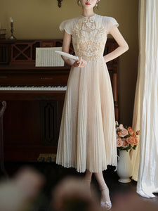 Apricot Embroidered Butterfly Hollow Short Sleeve Lace Dress