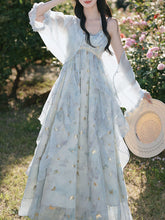 Load image into Gallery viewer, Women's Fairycore Butterfly Maxi Dress Glitter Ruffle Halter Prom Gown with Sheer Shrug