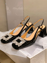 Load image into Gallery viewer, Women&#39;s  Round Toe Rhinestones Chunky Heel Sandals Leather Vintage Shoes