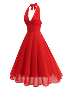 Red Halter Backless 1950S Vintage Swing Dress