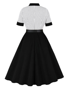 1950S Black Stripe Turndown Collar Short Sleeve Vintage Dress