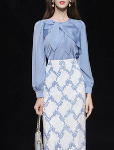 2PS Blue Bow Collar Satin Shirt And Lace Mermaid Skirt Suit
