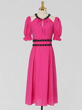 Load image into Gallery viewer, Fuchsia Hand Beaded Special Fabric Texture Off-Shoulder 1950S Swing Dress
