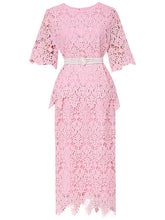 Load image into Gallery viewer, 2PS Sweet Pink Crew Neck Lace Mermaid Skirt Suit With Pearl Belt