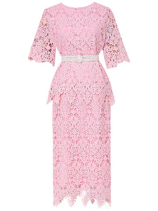 2PS Sweet Pink Crew Neck Lace Mermaid Skirt Suit With Pearl Belt