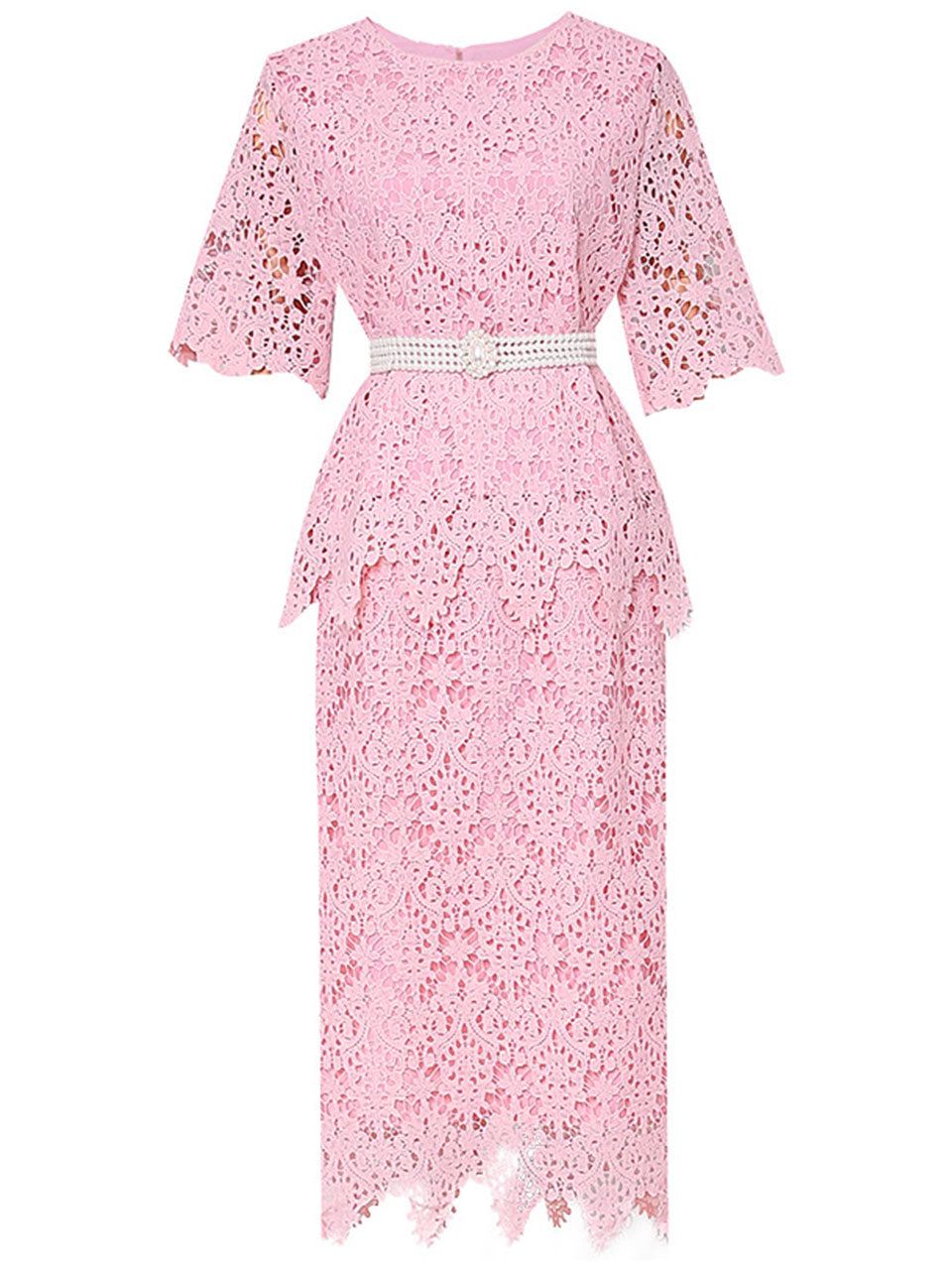 2PS Sweet Pink Crew Neck Lace Mermaid Skirt Suit With Pearl Belt