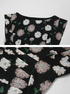 Black Floral Print Short Front Long Back Design Butterfly Sleeve 1940S Vintage Dress