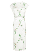 Load image into Gallery viewer, 2PS White Retro Stand Collar Satin Printed Top With Ribbon And Wrapped Skirt Suit