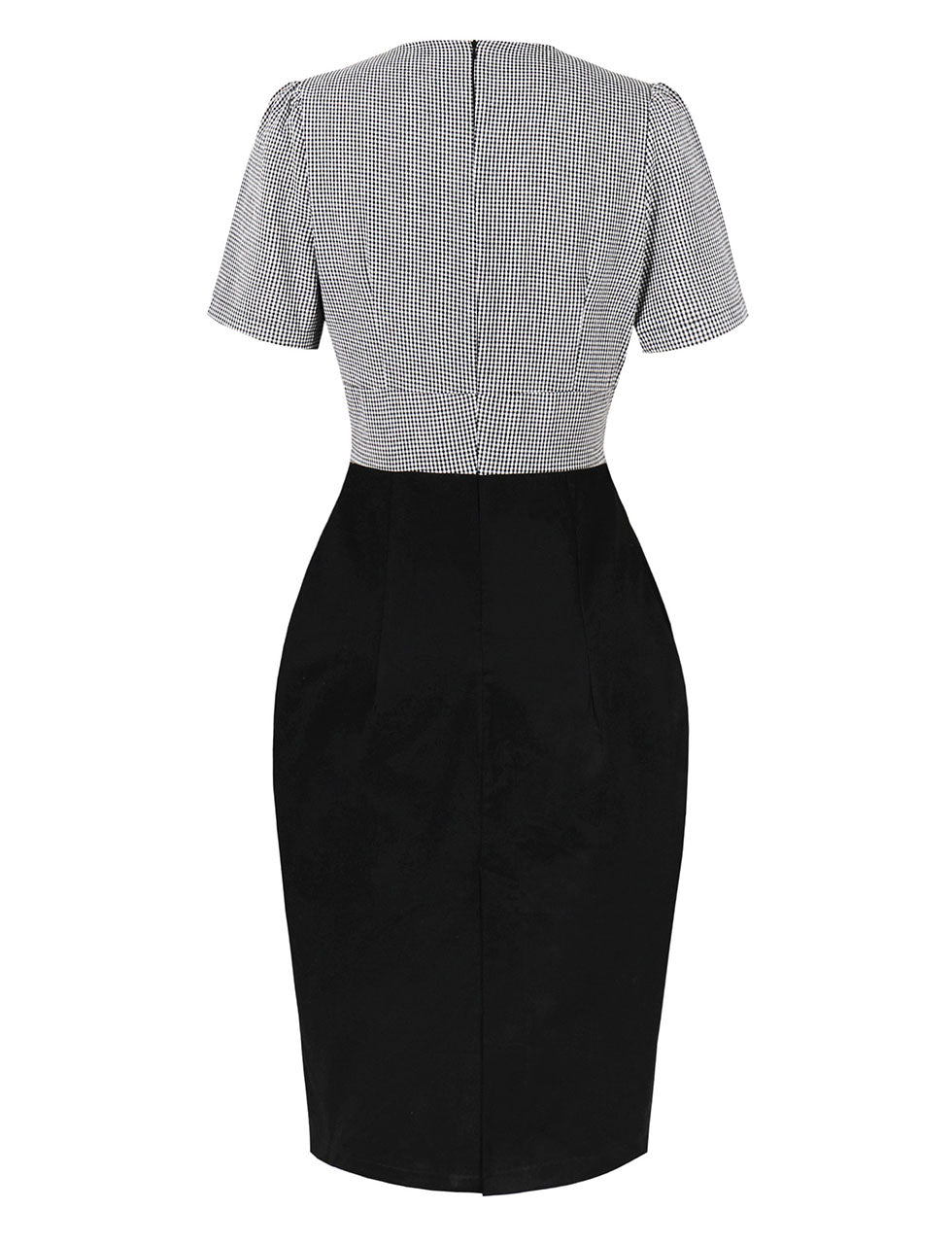 1940s Black V Neck Plaid Short Sleeve Vintage Bodycon Dress, Black / S