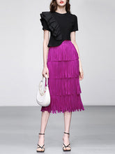 Load image into Gallery viewer, 2PS Black Ruffles Retro Short Sleeve T Shirt With Fringe Skirt Suits