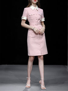 Pink Tweed Turndown Collar Short Sleeve 1960S Vintage Dress