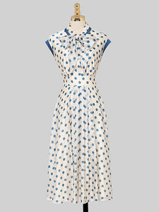 Blue Polka Dots Bow Collar 1950S Vintage Dress With Cap Sleeve