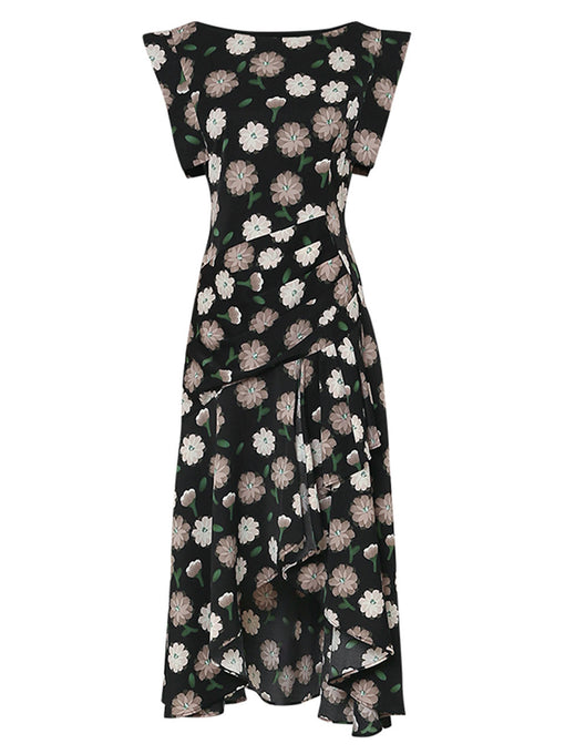 Black Crew Neck Ruffles Irregular Hem 1960S Vintage Dress