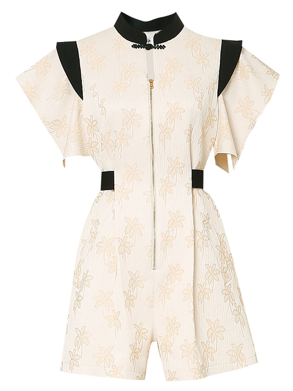 Apricot Jacquard Fabric Short Sleeve High Waist Jumpsuit