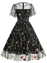 Load image into Gallery viewer, Wine Red Semi Mesh Flower Embroidered Short Sleeve 50S Swing Dress