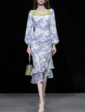 Load image into Gallery viewer, Blue Floral Print Square Neck 1950S Vintage Dress
