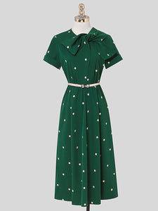 Dark Green Bow Collar Embroidered Flower 1950S Vintage Dress