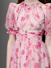 Load image into Gallery viewer, Pink Floral Print Ruffles 1950S Chiffon Vintage Dress