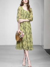 Load image into Gallery viewer, Mustard Yellow Square Neck Floral Print 1950S Vintage Swing Dress