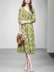 Mustard Yellow Square Neck Floral Print 1950S Vintage Swing Dress