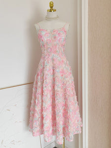 Rose Luxury Spaghetti Strap High Waist Swing Party Dress