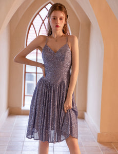 V Neck Strap Balletcore Sequins Vintage Dress Party Dress