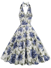 Load image into Gallery viewer, Floral Blue Bow Halter Backless 1950S Vintage Swing Dress