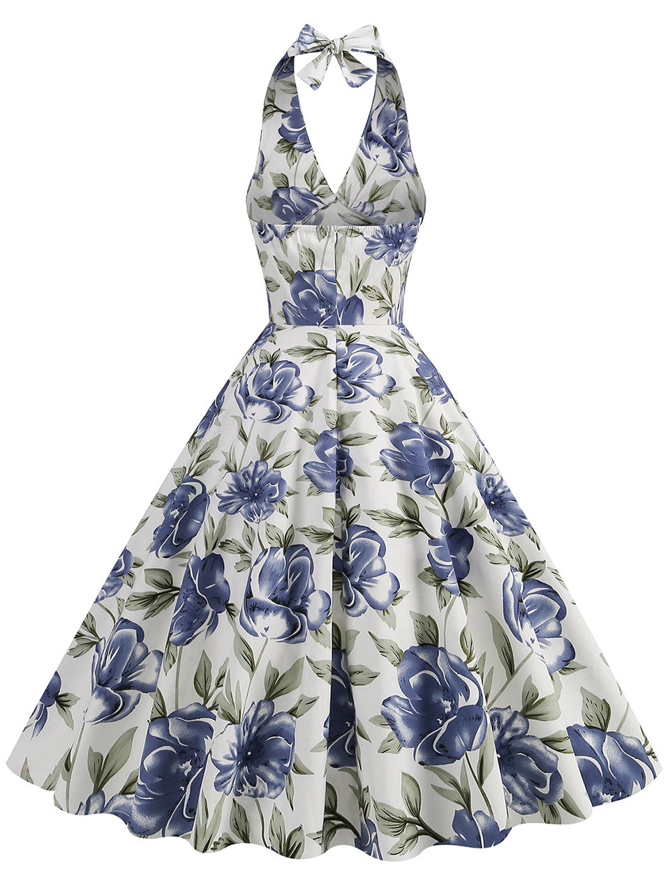 Floral Blue Bow Halter Backless 1950S Vintage Swing Dress, Blue / L Floral Blue Bow Halter Backless 1950S Vintage Swing Dress, Blue / L